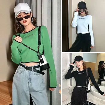 

Women Sweaters Embroidery Round Neck Pullover Long Sleeve Casual Loose Leaky Navel Knit Tops