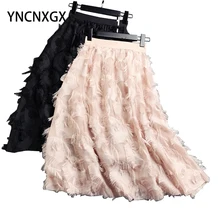 

Women's Skirt Midi Long Skirt Women Feather Pattern Tassel High Waist Skirt Temperament Chiffon Dress