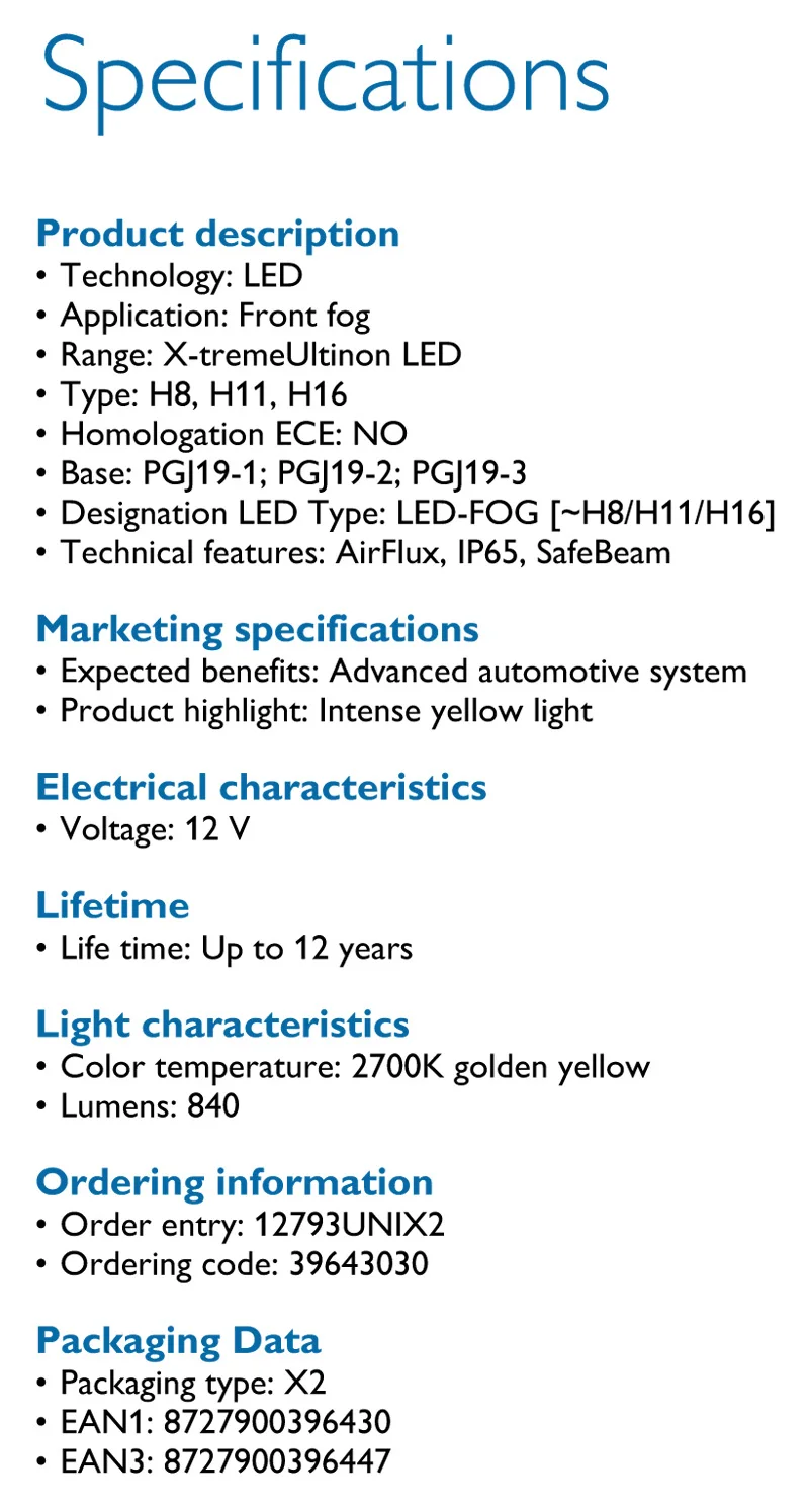 Philips светодиодный H8 H11 H16 2700K Золотой желтый X-treme Ultinon светодиодный фонарь для всех погодных условий противотуманная фара+ 200% ярче 12793UNI X2, пара