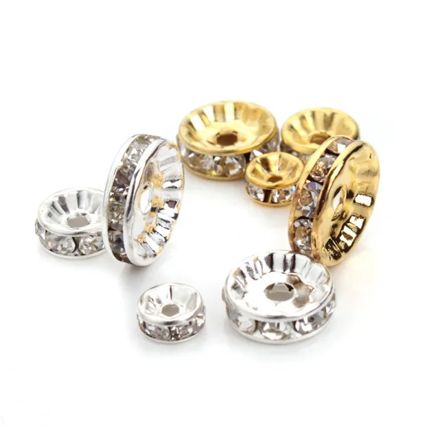 50Pcs 4 6 8 10mm Gold Silver Color Crystal Rhinestone Round Loose Spacer Beads DIY Bracelet Beads for Jewelry Making Accessories