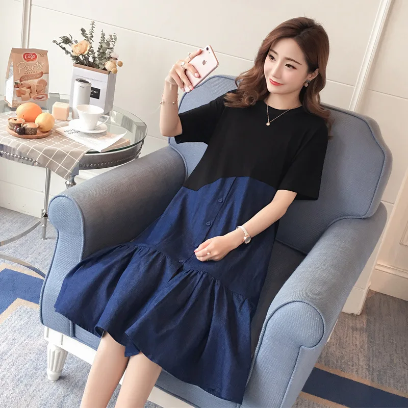 

2018 Summer Slimming Maternity Clothes New Style Joint Denim Skirt Slim Fit Mid-length Pregnant Women Dress