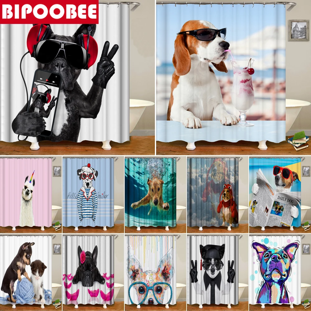 BIPOOBEECutePersonalityDog3DFabricShowerCurtainsFunnySelfie