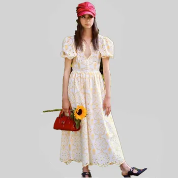 

Vintage Embroidery Flowers Women Runway Dress Puff Sleeve High Waist Long Mid-calf Chic Dresses 2020 Fashion New