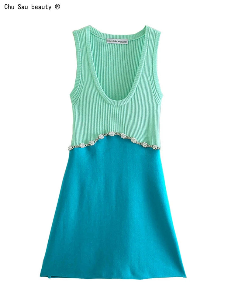 Fashion New French Vintage Sexy Costume Jewelry Knitted Dress Early Autumn Slim-Fit Sleeveless A-Line Trend Women Vestido | Женская