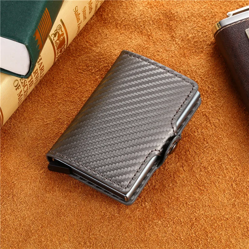 Bisi Goro New Coin Purse Anti-theft Carbon Fiber Credit Card Holder Male ID Holder With Zipper RFID Business Button Wallet