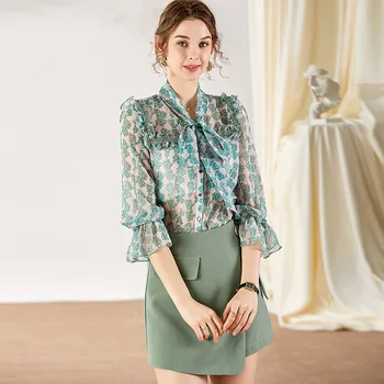 

Sets For Women Spring Summer 2020 New Fashion Ruffles Stand collar Bow Printed Blouse + Solid color Shorts Skirts Two Piece Set