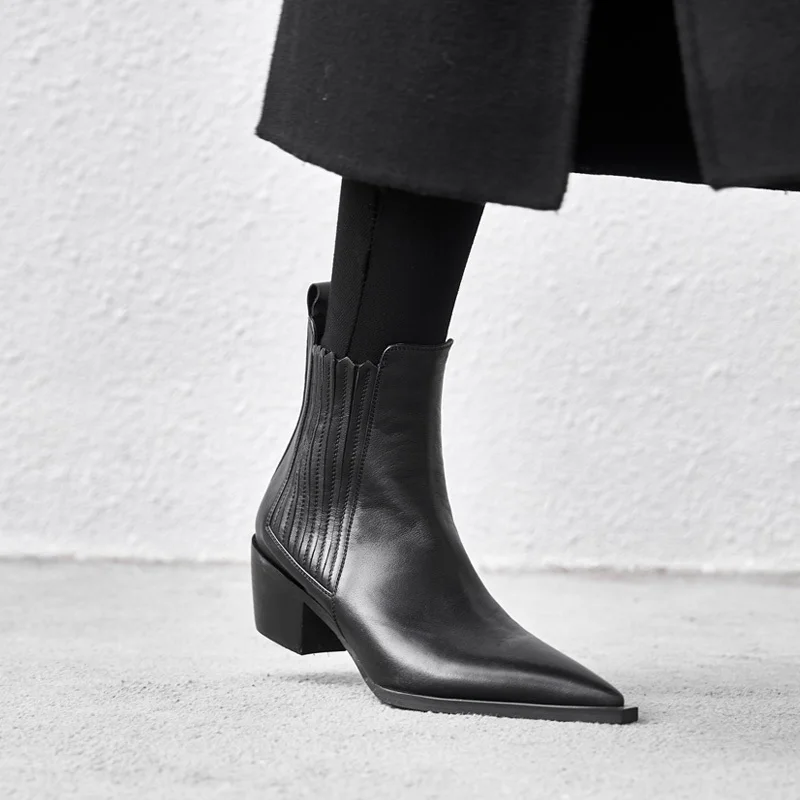 Брендовые ботинки «Челси» с острым носком; Женские Элегантные ботильоны из натуральной коровьей кожи на толстом каблуке; зимняя короткая п... Брендовые ботинки «Челси» с острым носком; Женские Элегантные ботильоны из натуральной коровьей кожи на толстом каблуке; зимняя короткая п...