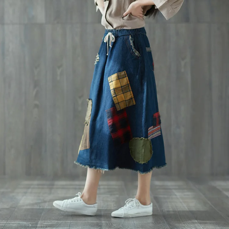 

2018 Spring New Style WOMEN'S Dress Retro Flash Joint Applique Denim Skirt Elastic Waist Mid-length S20110