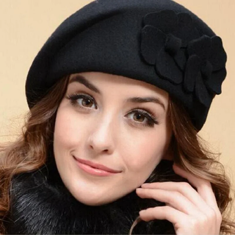 

French Beret 100% Wool Beret Floral Dress Beanie Warm Pillbox Hat