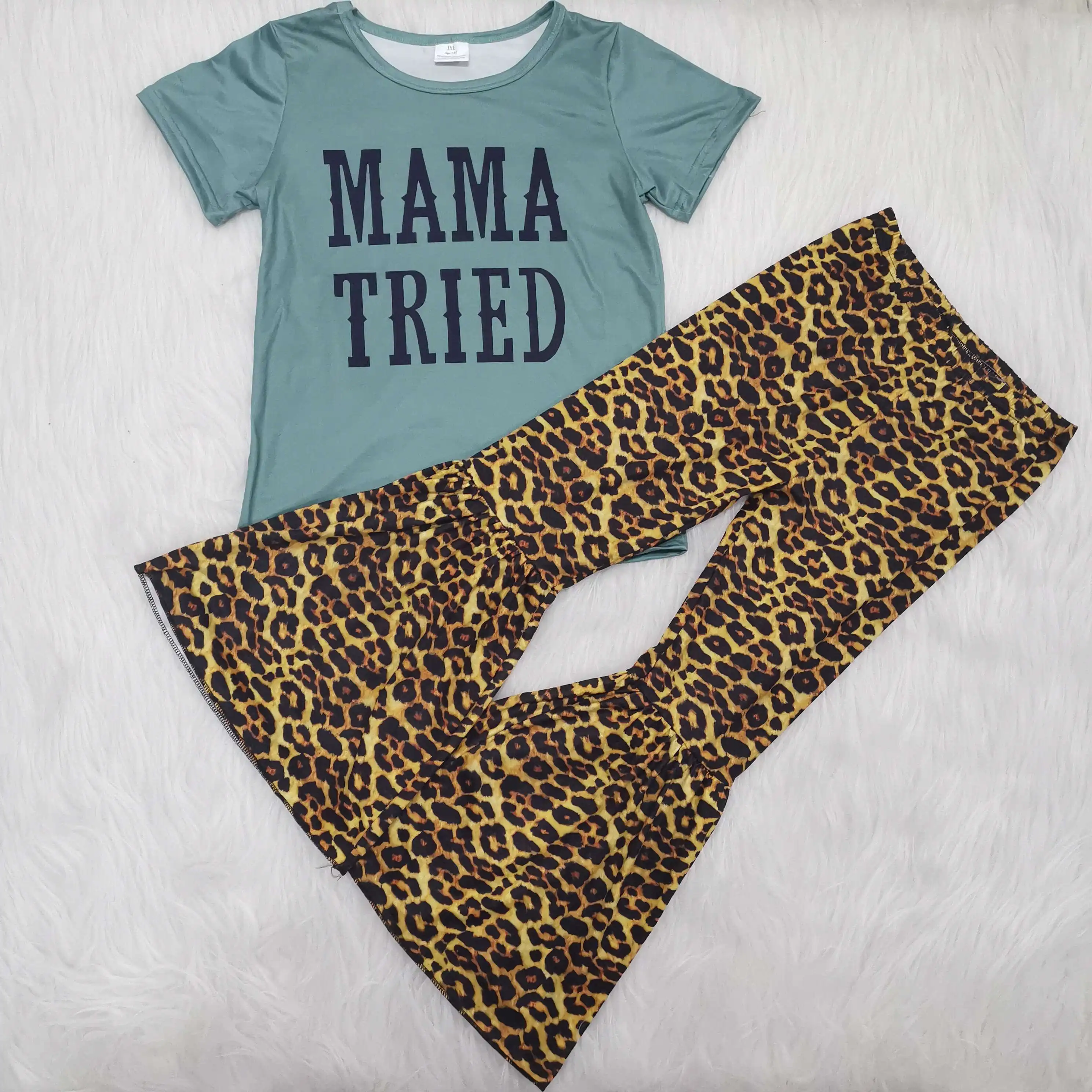 

Kids clothing newborn baby girls outfits short sleeve raglan blue shirt top leopard bell pants set outfit for girl