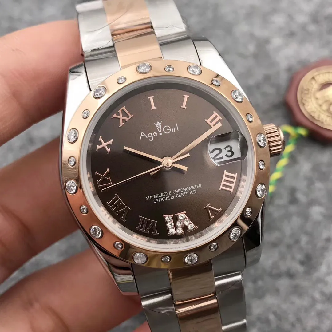 Роскошные брендовые новые женские часы Datejust из нержавеющей стали с автоматическим механическим сапфиром, розовое золото, кофе, римские часы со стразами 31 мм