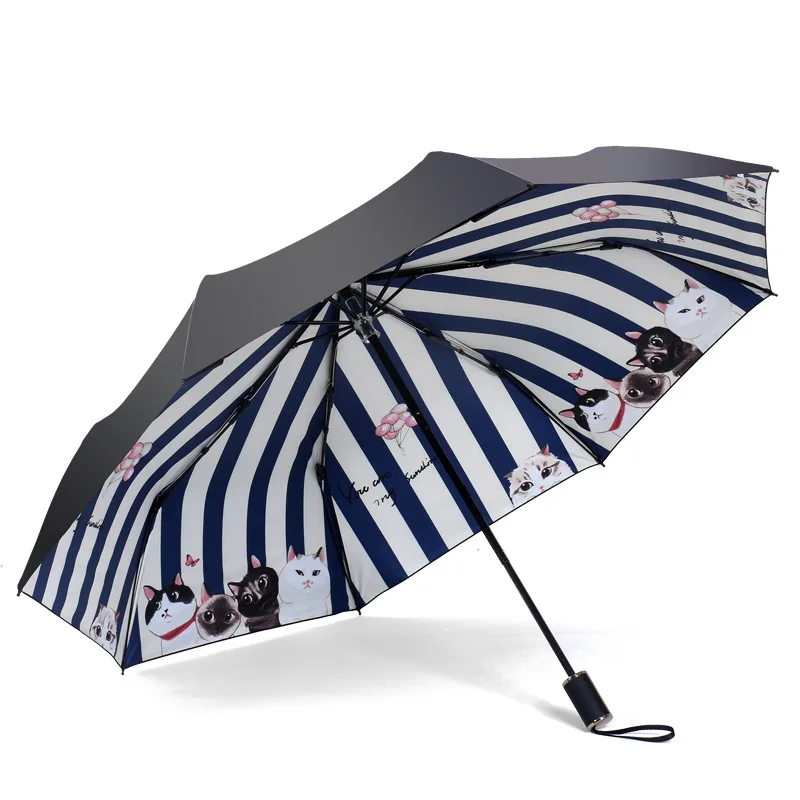 

Fresh Stripes Kitten Three-fold Umbrella Rain Or Shine Dual Purpose Vinyl Not Translucent College Style Sun-resistant Parasol