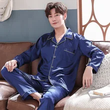 Men's Pajamas Set Autumn Winter Silk Male Pajamas Sets Simple Sleepwear Men's Long Sleeve Nightwear Top Pant Leisure Pyjamas Set
