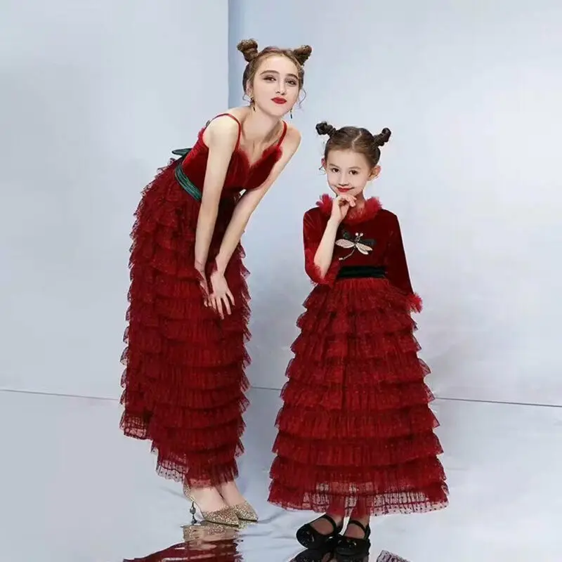 Модное семейное платье для мамы и дочки; одинаковые вечерние платья-пачки макси для женщин и девочек