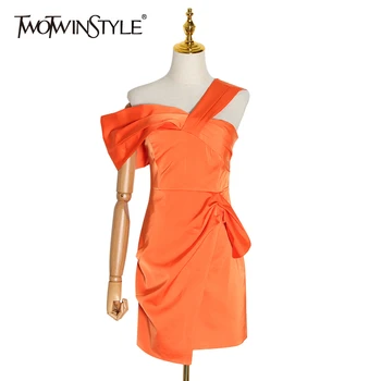 

TWOTWINSTYLE Asymmetrical Party Dress Women Slash Neck High Waist Irregular Ruched Dresses For Female Fashion Clothing 2020 Tide