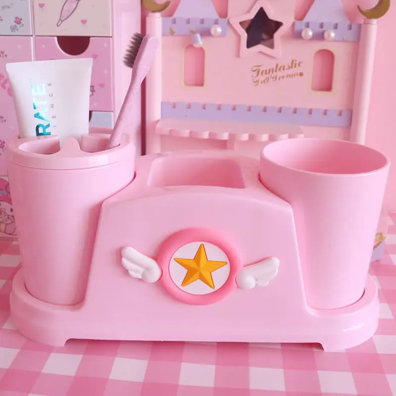 Kawaii Pink Sakura Bathroom Shelf Home Cute Plastic Mouthwash Cup Toothbrush Holder Set Couple Gargle Cup Bathroom Accessories 2