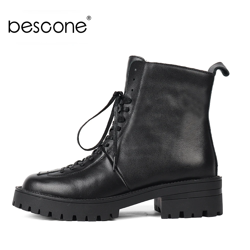 BESCONE Women's Shoes Winter Casual Comfortable Martin Ankle Boots Genuine Leather Platform Round Toe Zipper Boots Woman BC844