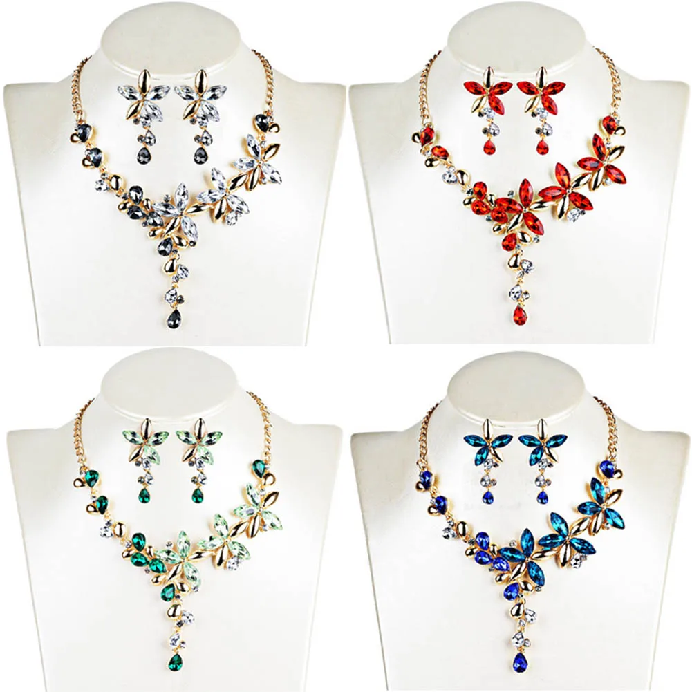 Womens Short Collar Necklaces Jewelry Color Crystal Five Leaves Flowers Rhinestone Statement Gothic Necklace Earring Jewelry Set