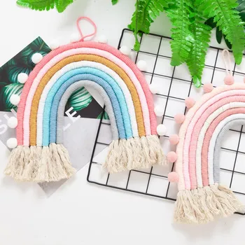 

Nordic Woven Rainbow Tapestry Wall Hanging Ornaments Kids Room Decorations Rainbow Tassels Wind Chimes Nursery Photo Props