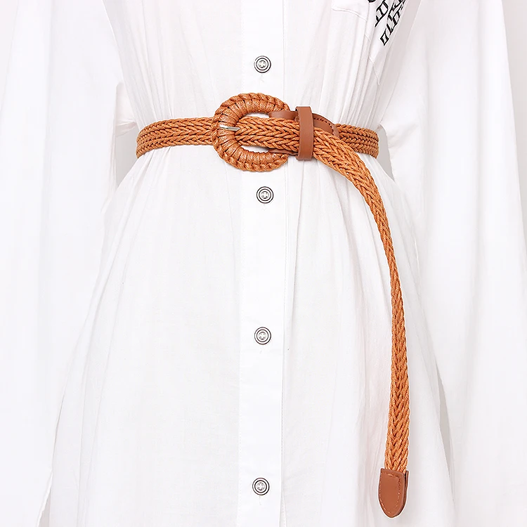 New Vintage Knitted Wax Rope Wooden Bead Waist Rope Women Smooth Buckle Belt Woman Woven Female Hand-Beaded Braided Belt BZ78