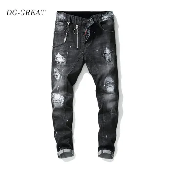 

New Autumn Winter 2019 Ragout Splashes Paint On Men's Slimming Stretch Wash Jeans Black Cotton Beggar Pants Trousers Male