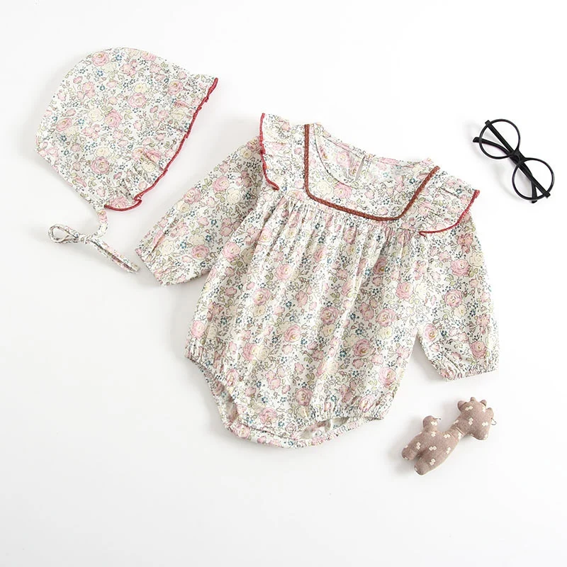 Весенне-осенняя одежда для маленьких девочек модная детская одежда для новорожденных девочек боди из хлопка+ шапочка, комплект одежды из 2 предметов для девочек