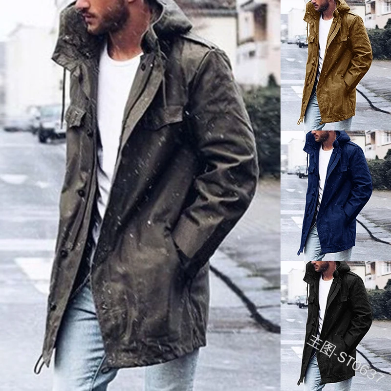 2019 новый мужской повседневный Тренч, однотонное пальто, повседневное мужское весеннее пальто с капюшоном, верхняя одежда, верхняя одежда