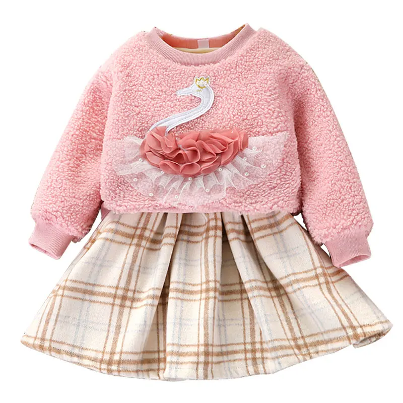 Осеннее платье-свитер для маленьких девочек; новые милые детские свободные платья в клетку с длинными рукавами и принтом животных из мультфильмов