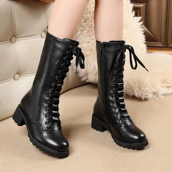 

thick heel, European and American British fashion Martin boots cross lace up high top round head retro short boots