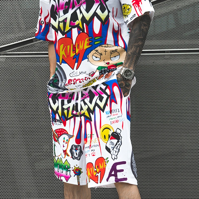 Cheap Aolamegs Shorts Men Cartoon Graffiti Print Bermuda Beach Knee-length Shorts Hip Hop Elastic Waist High Street Summer Sweatpants