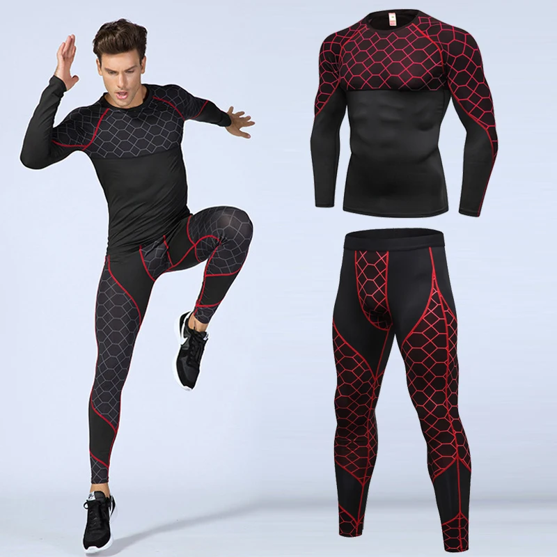 

Men Sportswear Jogging Suits Compression Grid Print Sports Set Gym Fitness Elastic Workout Clothes Tight Pants Running Tracksuit