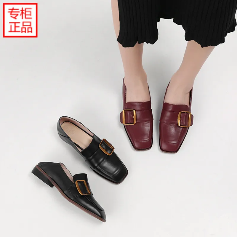 

2019 Spring New Style Square Buckle Square Head Versitile Fashion Shoes Women's Chunky-Heel Loafers Soft-Sole Genuine Leather Si