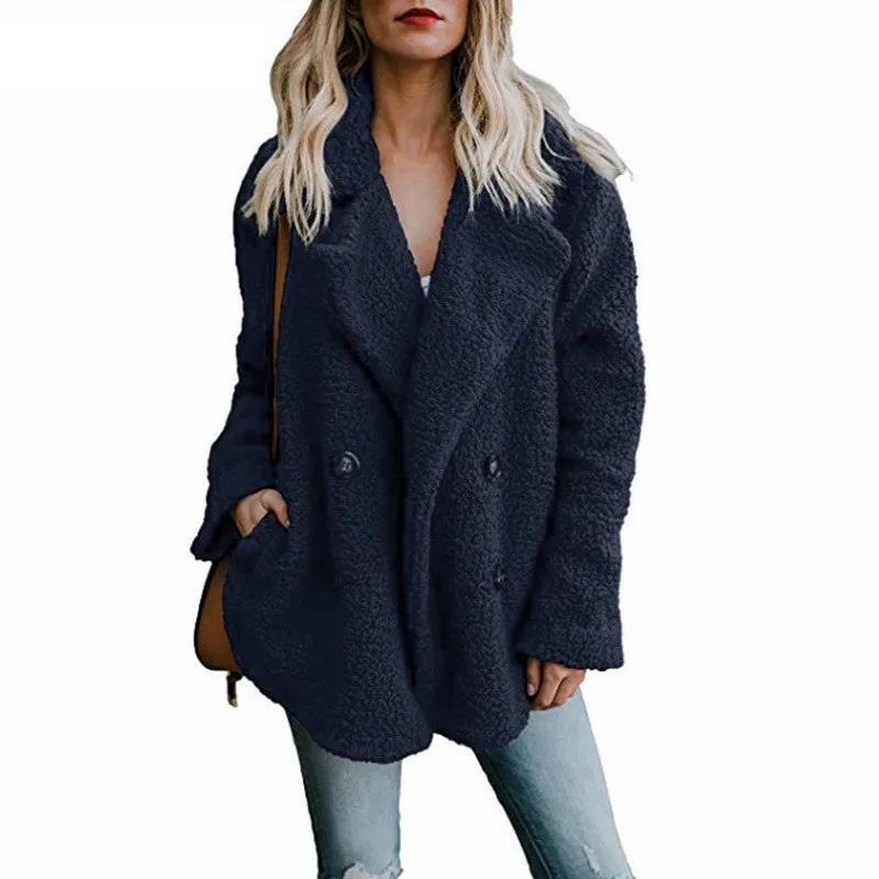 Женское зимнее толстое плюшевое пальто с отворотом и длинным рукавом, пушистые теплые меховые куртки с искусственным мехом, Женское пальто на пуговицах с карманами размера плюс 5XL - Цвет: navy