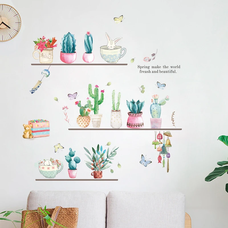 Bonsai Cactus Flowers Butterfly Wall Stickers For Home Decor Living Room PVC Wall Decals DIY Mural Art Decoration Accessories
