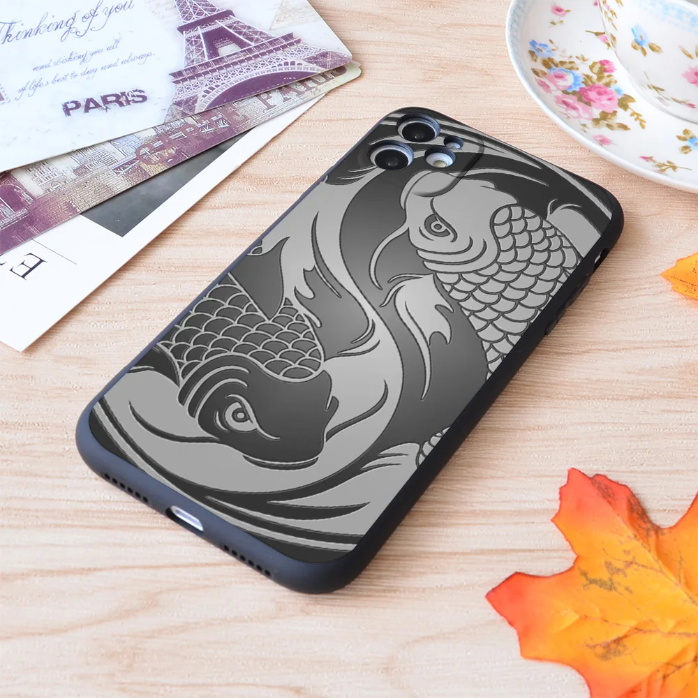 Gray and Black Yin Yang Koi Fish Print Soft Silicone Matt Case For Apple iPhone Case