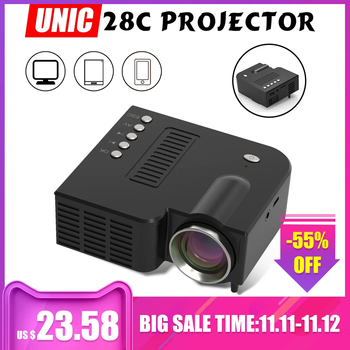 

UNIC 28+ LED Mini Projector Portable 1080p Full HD Projector Home Theater Entertainment Projectors USB/SD/AV Input