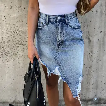 

Wepbel Long Denim Skirts Women's Tassled Slim Fit Bodycon Pencil Denim Skirt Summer Casual Irregular Hem Skirt