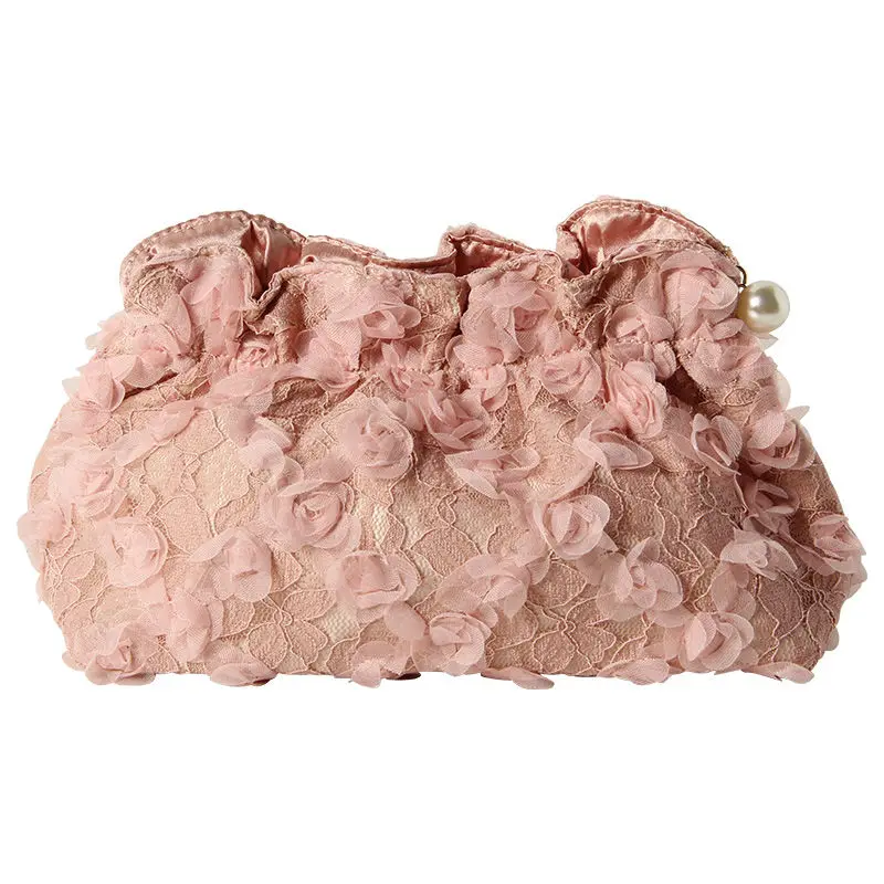 Light Luxury Lace Women's Hand Bag Embroidered Three-dimensional Flower Gauze Makeup Bag Portable Out Party Fashion Storage Bag