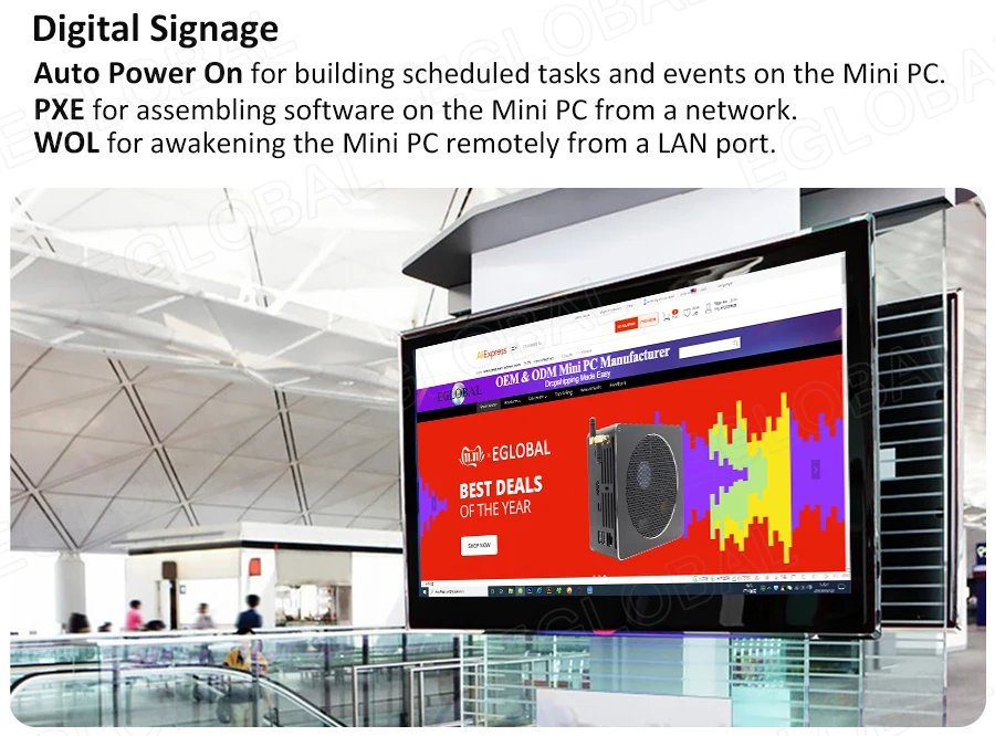 Elevate Your Workspace with Eglobal Industrial Mini PC - Intel Core i3/i5, 2 RJ45 LAN, 2 HDMI, Linux Desktop Computer, 6 RS232 COMs, 8 USB, Windows Ready Description Image.