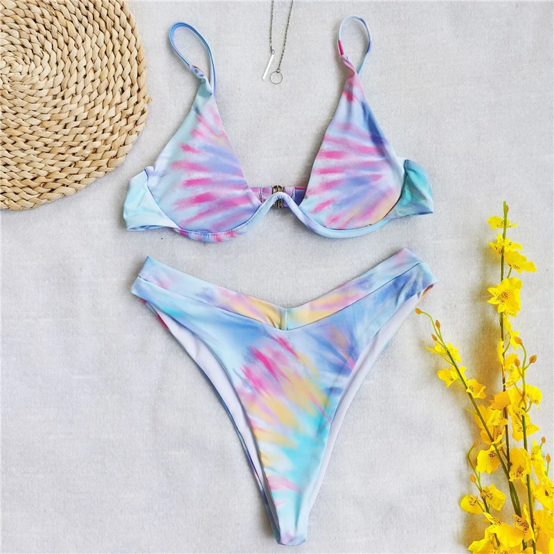 2020 Sexy Bikinis Swimsuit Women Bandage Printing Swimwear Underwire Bikini Set Tie-dye Gradient Bathing Suits Summer Beach Wear