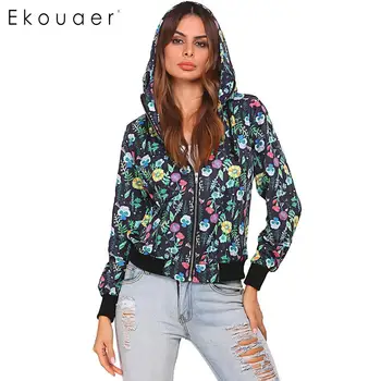 

Ekouaer Women Hooded Short Jackets Coats Long Sleeve Floral Zip-up Rain Jacket Raincoat Ladies Waterproof Outwear
