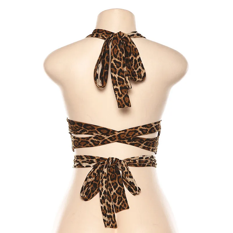Hugcitar Леопардовый принт Холтер выдалбливают пикантные Топы осень зима женские Клубные уличные camis наряды