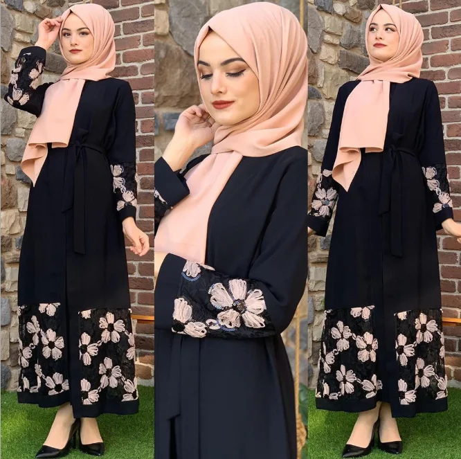 

2021 New Muslim Robe Digital Printing Dress Arab Women's Robe Islamic Turkey Middle East Clothes Black