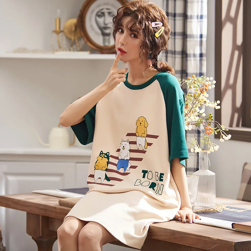 

Nightgown Women's Summer Pure Cotton Loose Pajamas Women's Summer Short Sleeve Korean-style Fresh Students Thin Large Size Half