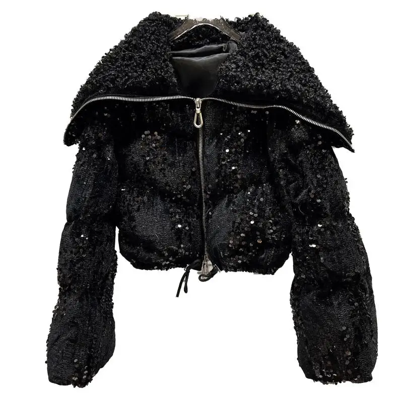 2024 New Hand Brushed Navy Collar Covered with Sequin Velvet Short Cotton Star Coat Winter Clothes Women Bubble Jacket Puffer