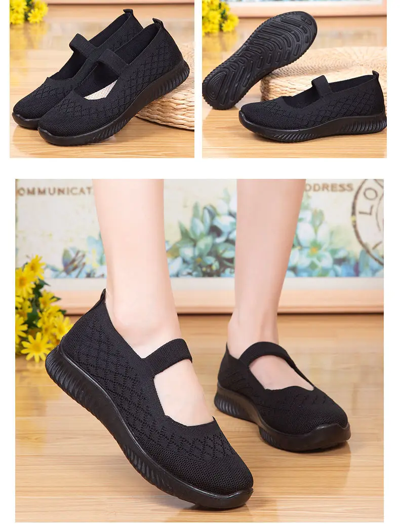 Cozy Sport Mary Janes Flats Women Knit Mesh Sneakers Breathable Summer Shoes Ladies Casual Flat Shoes Comfortable Loafers Black
