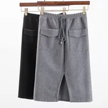 4XL-5XL осенне-зимняя Серая шерстяная юбка с разрезом на шнурке с эластичным поясом и карманами Женская Корейская версия Новые Осенние плотные юбки B755