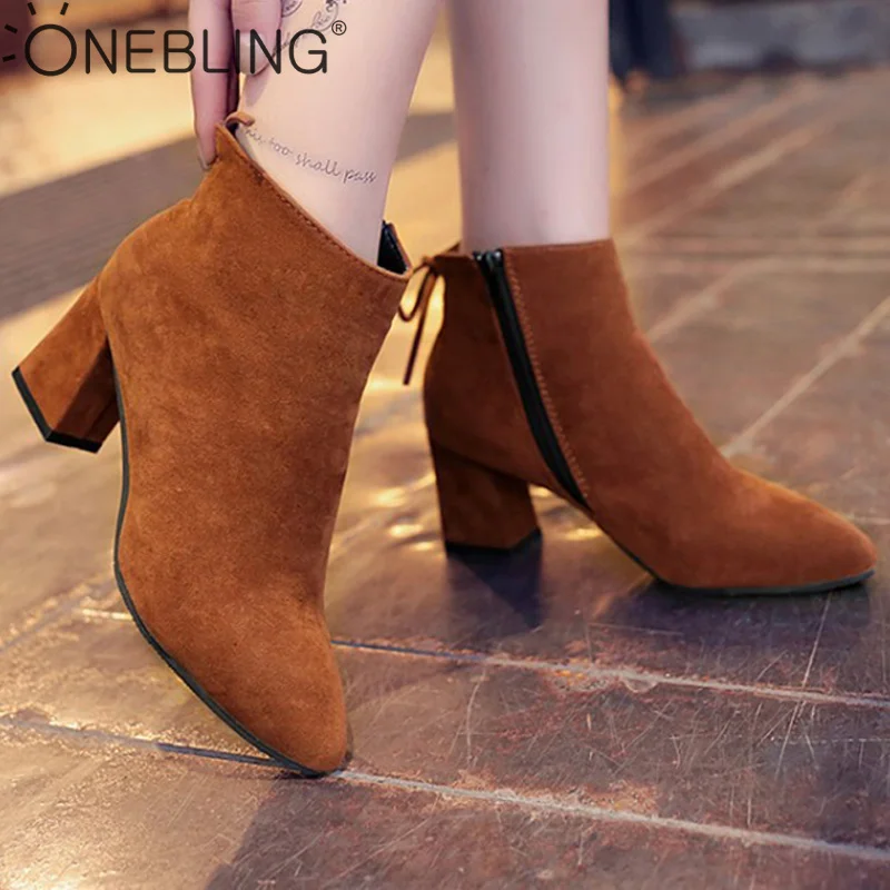 

OneBling Faux Suede Ankle Boots Women 2019 Winter Pointed Toe Chunky Heels Boots High Heels Side Zipper Woman Shoes Plus Size