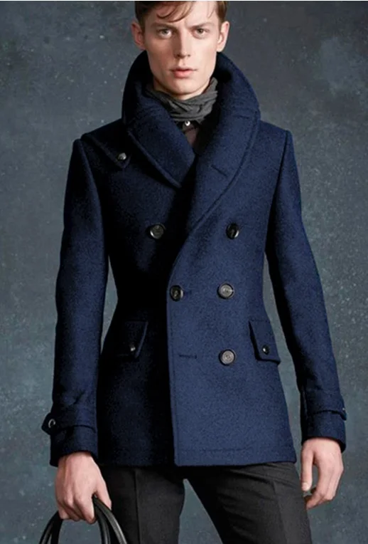 Men's woolen coat Paris show handsome military style double row autumn and winter youth mid-length woolen trench coat