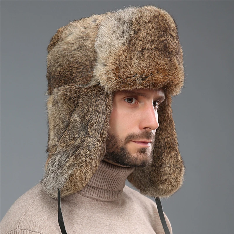 Rabbit Fur Hat Winter Fur Hat Thickened Warmth and Cold-proof Outdoor Cotton Ear Cap Rabbit Fur Cap Earflap Men Snow Caps brown leather bomber hat